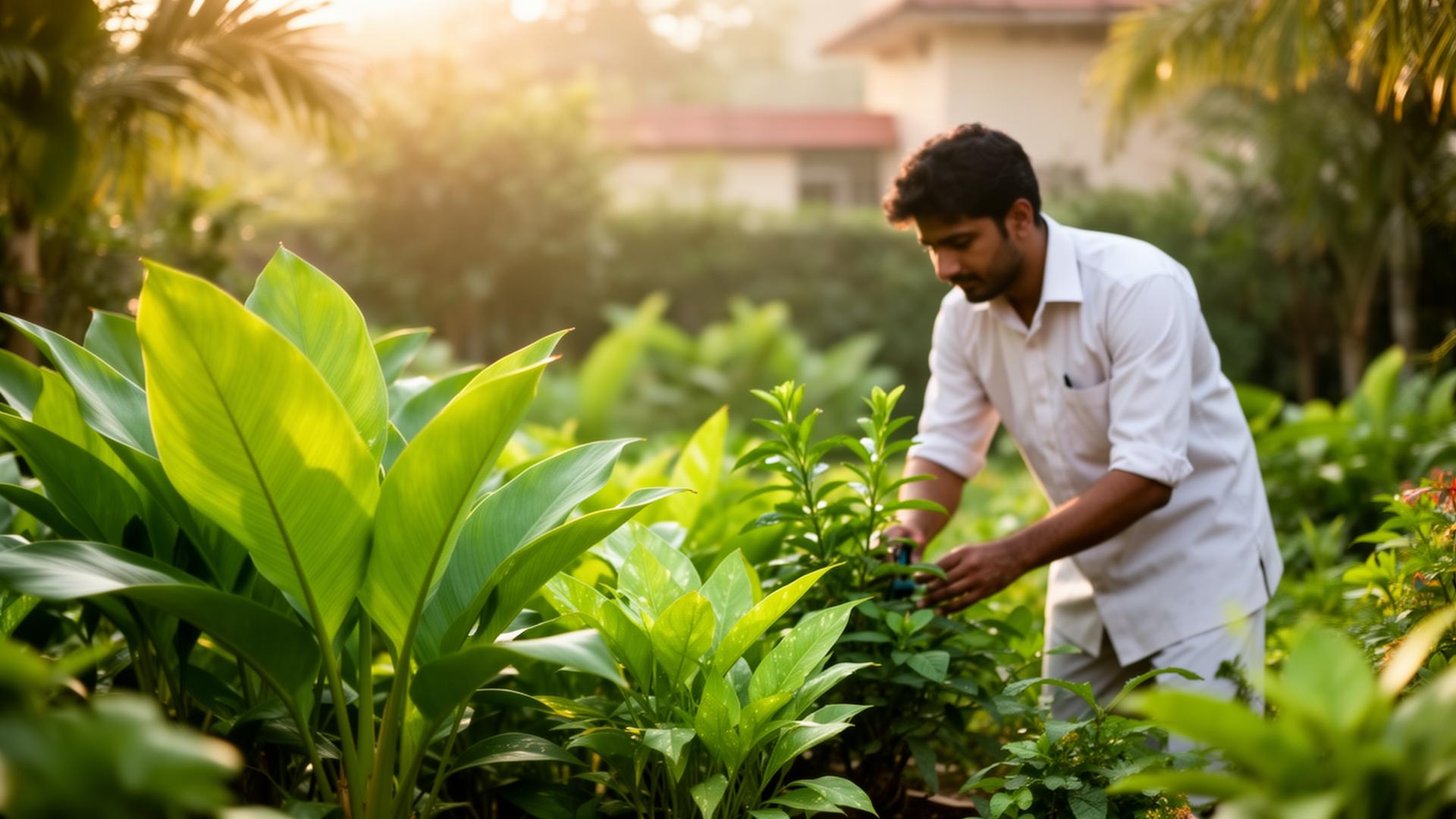 Professional Mali tending a lush home garden in soft morning light